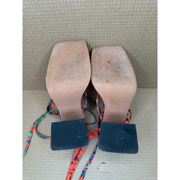 ASOS Design Colorful Orange Blue Heels Strappy‎ Square Toe Tie Up High Heel - Picture 12 of 12